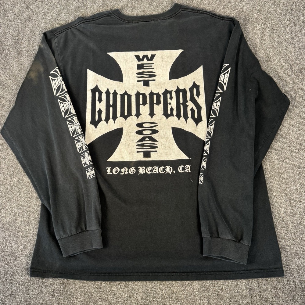 VTG West Coast Choppers Long Sleeve Shirt Black XL Iron Cross Long Beach CA Y2K